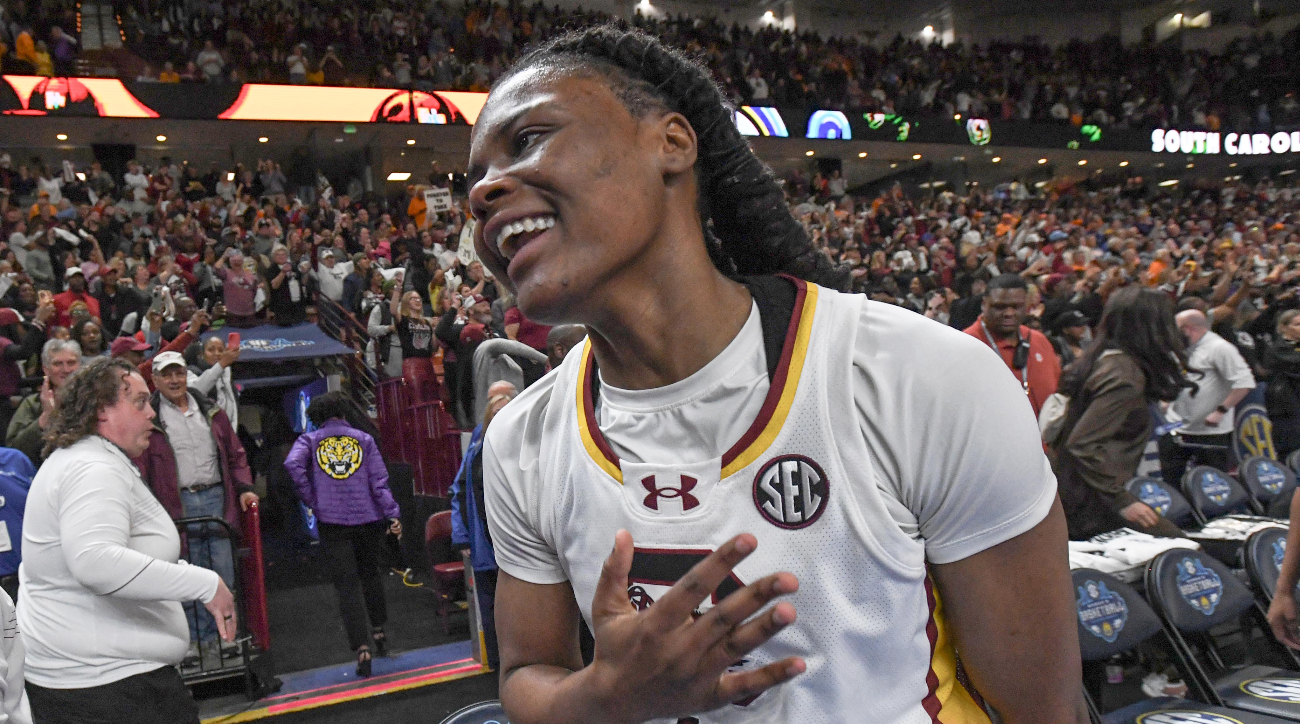 Mar 9, 2024; Greenville, SC, USA; South Carolina Gamecocks guard MiLaysia Fulwiley (12) celebrates with teammates after center Kamilla Cardoso (not pictured) made a game winning shot to beat the Tennessee Lady Vols at the Bon Secours Wellness Arena.